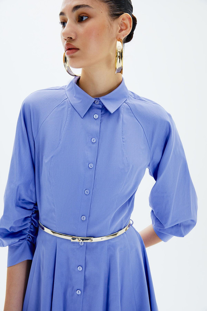 Volanlı Kemerli İndigo Gömlek Elbise