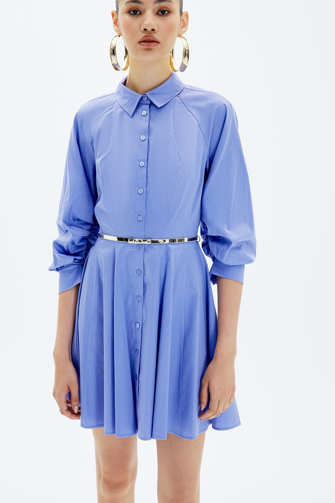 Volanlı Kemerli İndigo Gömlek Elbise
