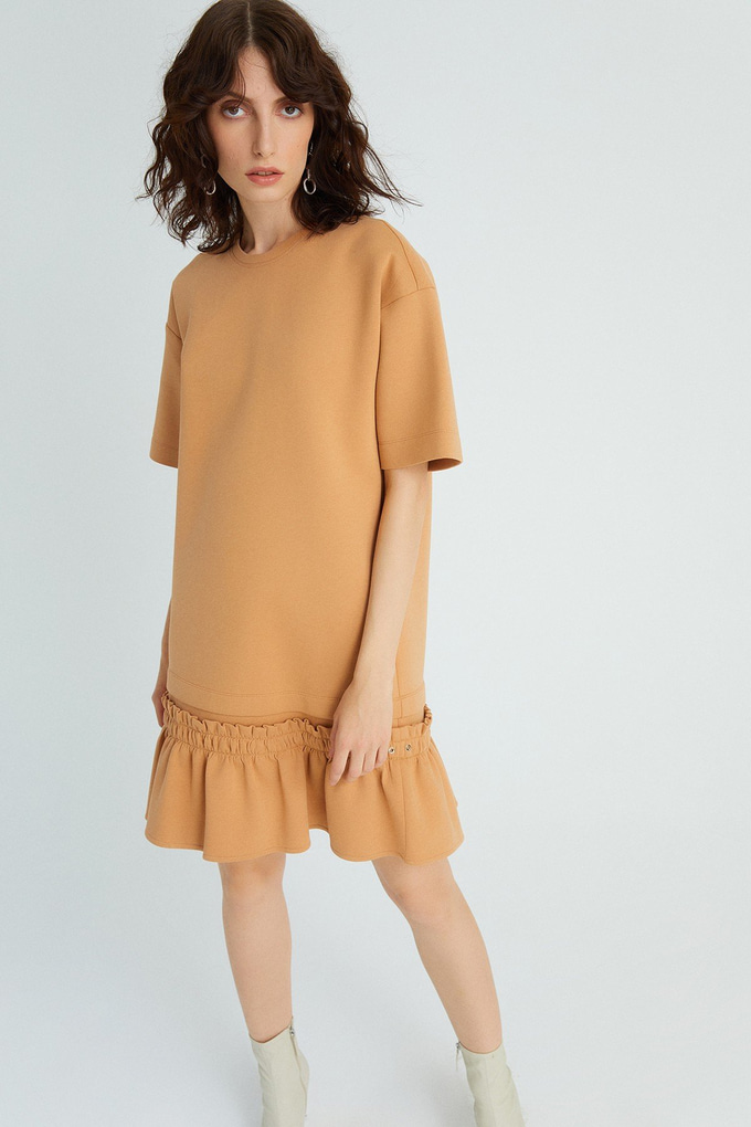 Volanlı Mini Camel Elbise