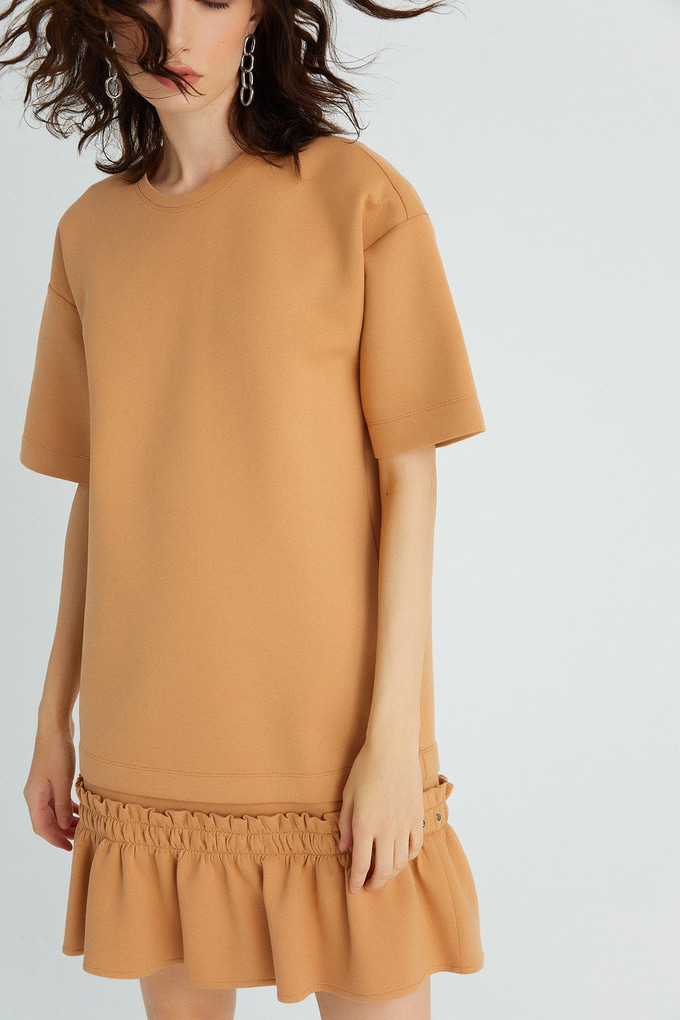 Volanlı Mini Camel Elbise