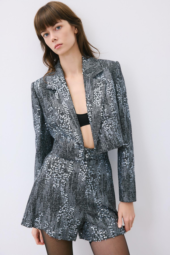 Gray Cropped Sequin Jacket