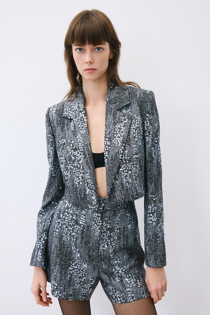 Gray Cropped Sequin Jacket