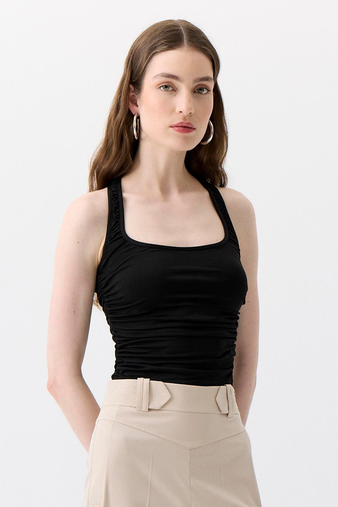 Side Ruched Stretch Black Blouse