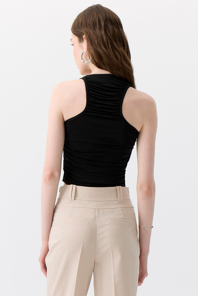 Side Ruched Stretch Black Blouse