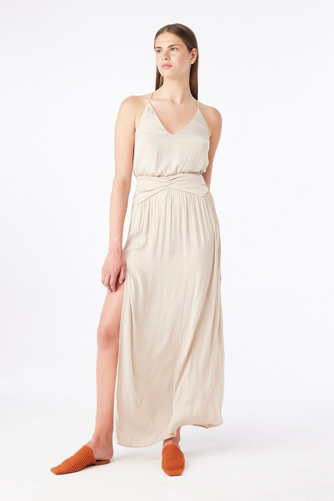 Slit Detailed Beige Long Skirt