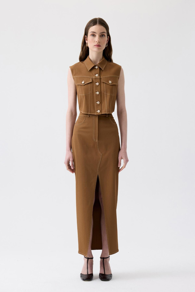 Slit Detail Brown Long Skirt