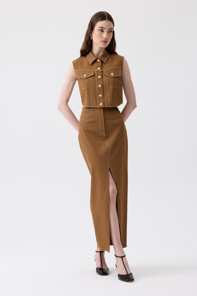 Slit Detail Brown Long Skirt