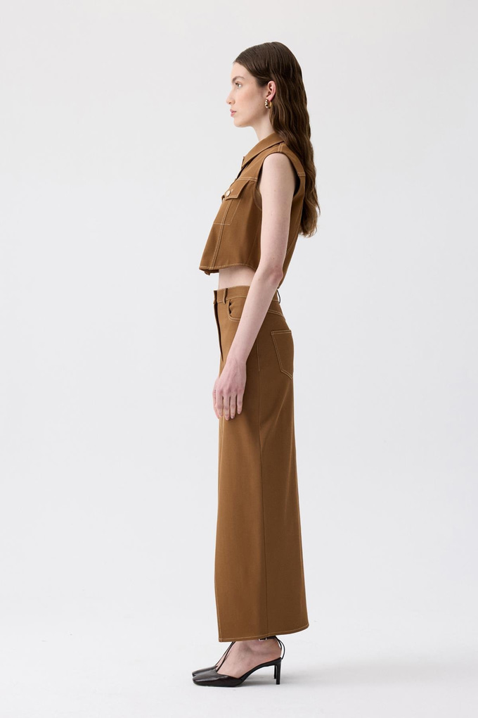 Slit Detail Brown Long Skirt