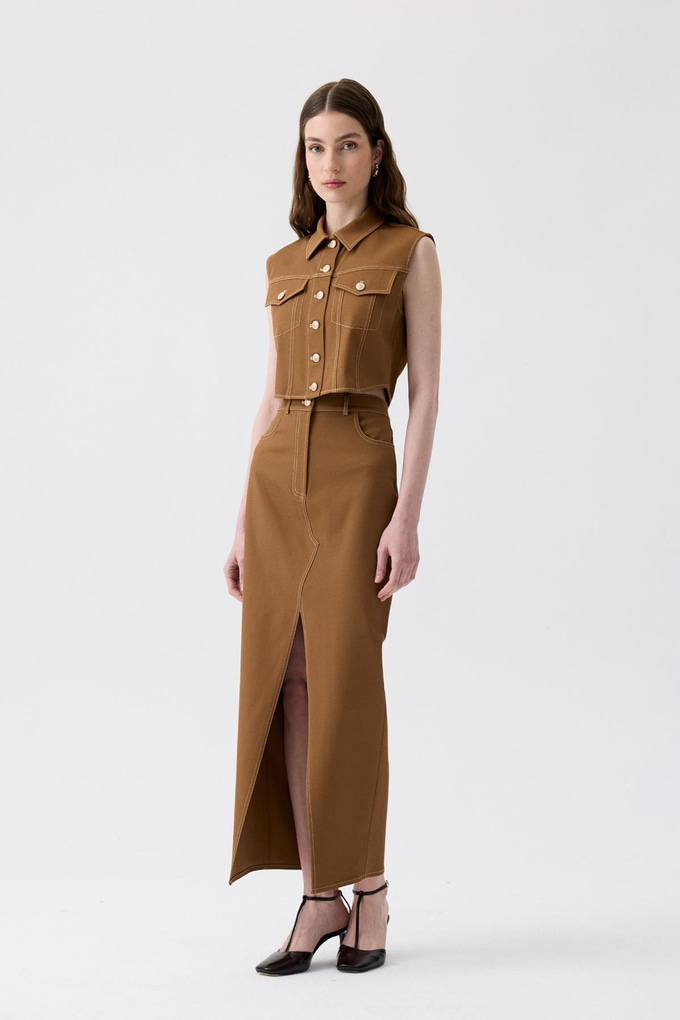 Slit Detail Brown Long Skirt