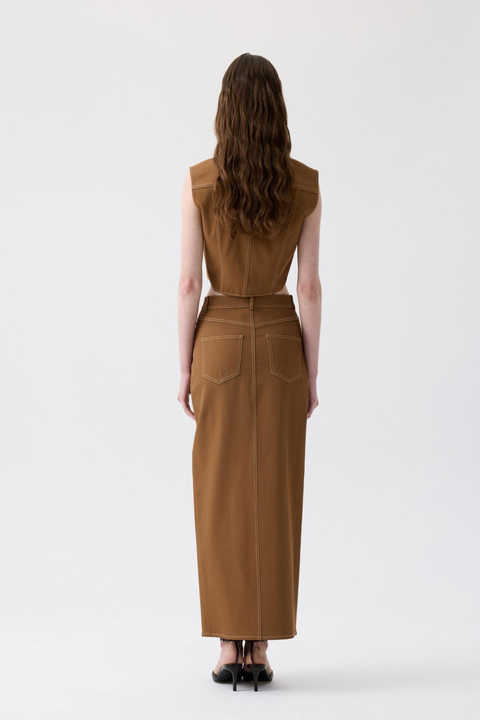 Slit Detail Brown Long Skirt