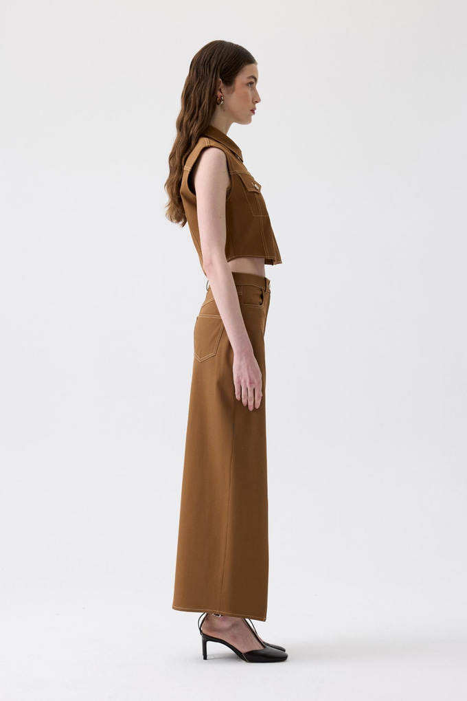 Slit Detail Brown Long Skirt