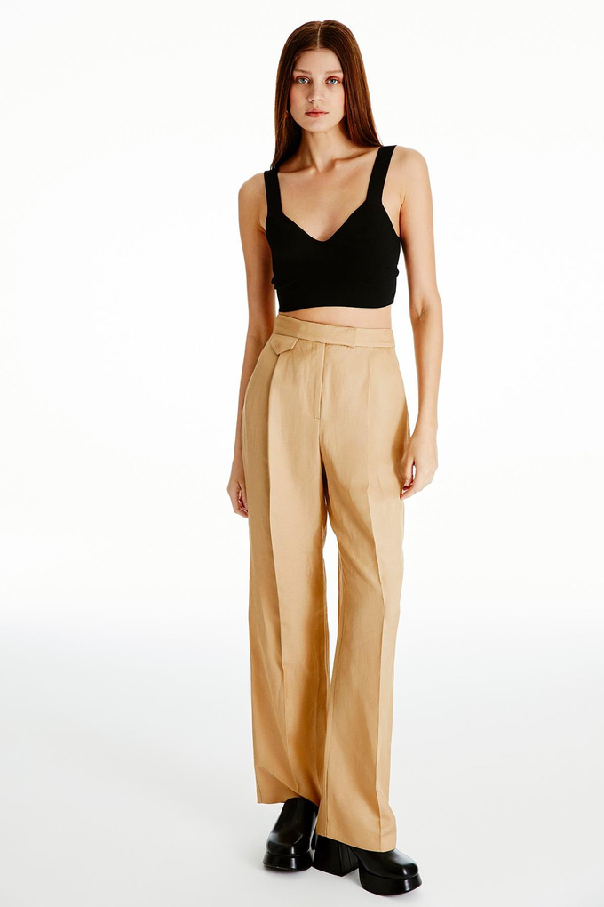 Yüksek Bel Pensli Camel Pantolon