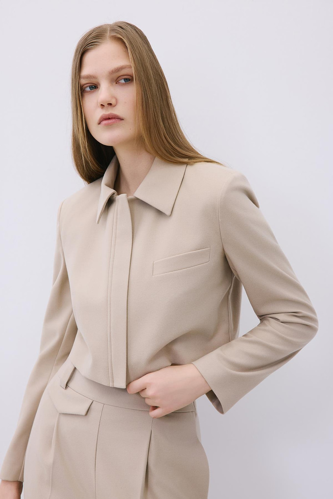 Beige Wool-Blend Zip-Up Crop Jacket
