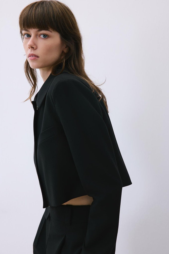 Black Wool-Blend Zip-Up Crop Jacket