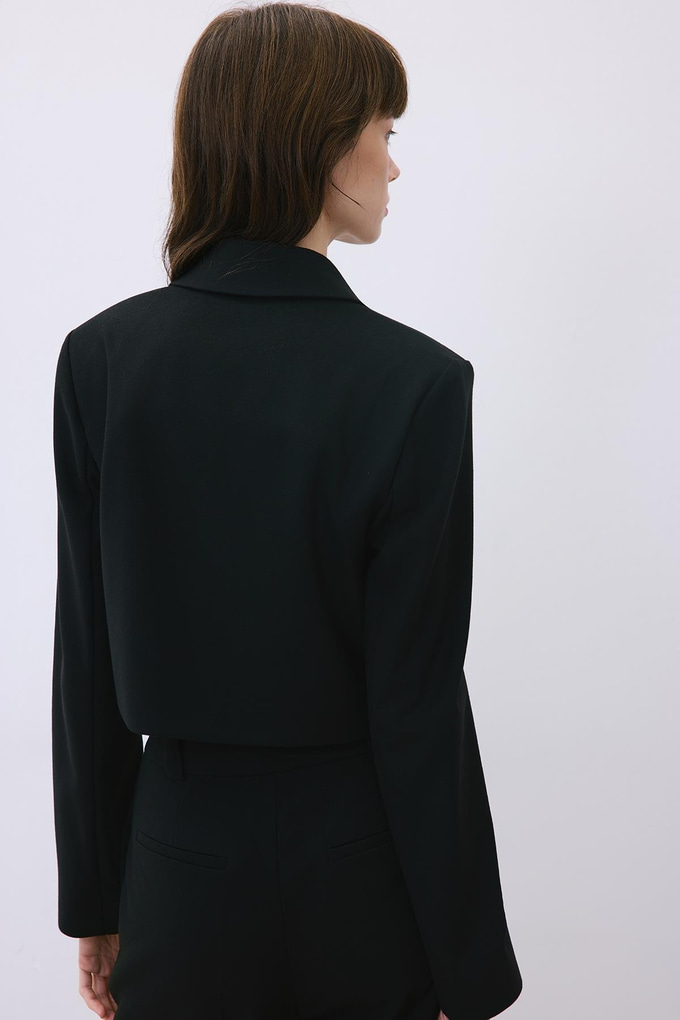 Black Wool-Blend Zip-Up Crop Jacket