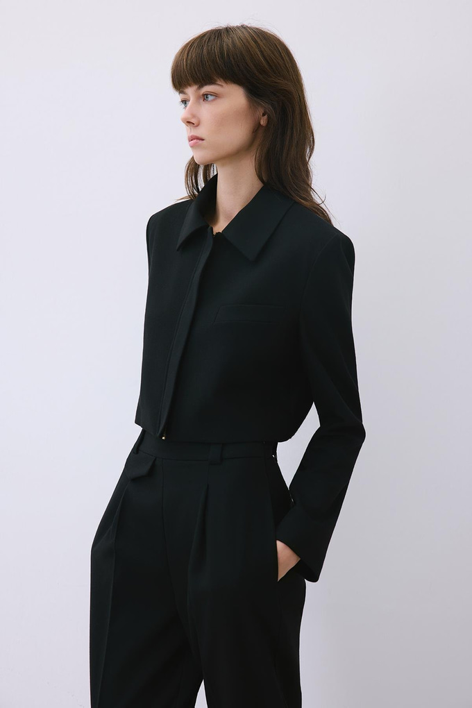 Black Wool-Blend Zip-Up Crop Jacket
