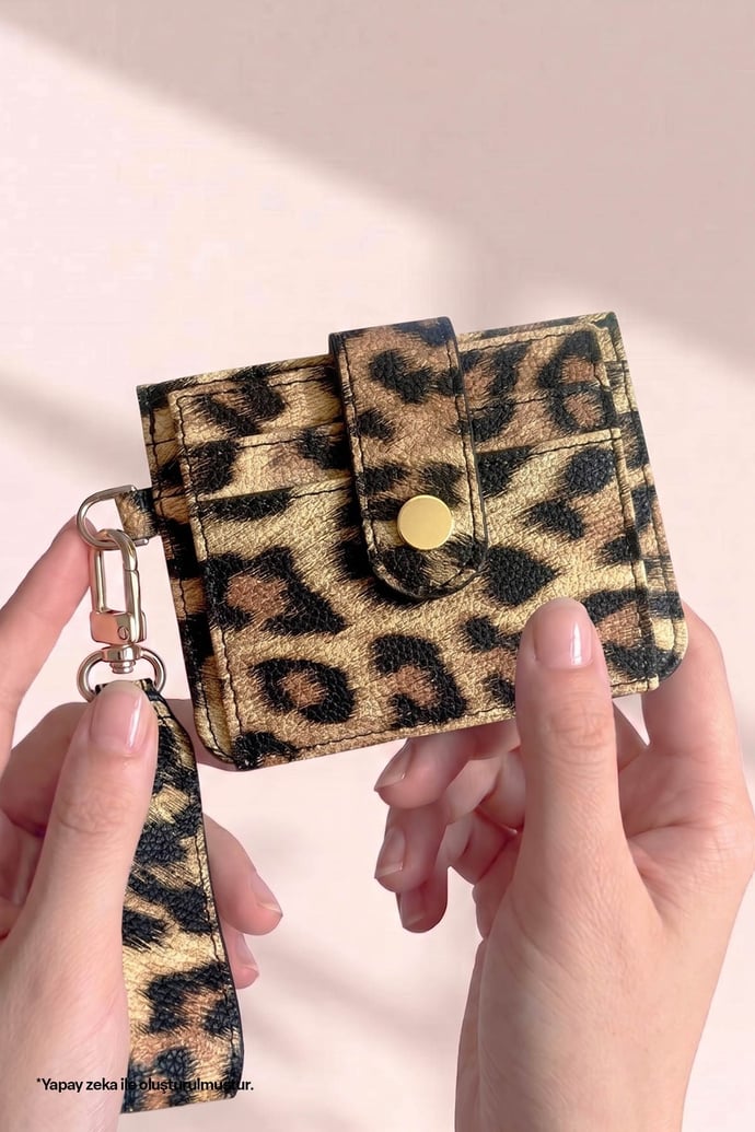 Anahtarlık Detaylı Leopar Desenli Taba Kartlık