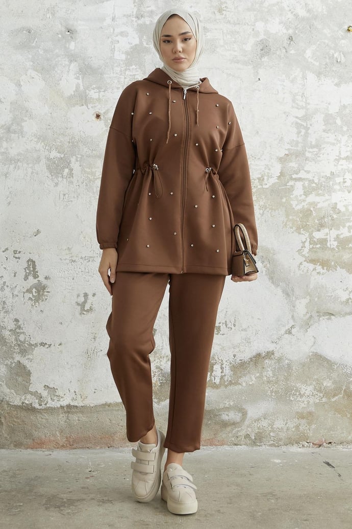 Ariesa Stoned Drawstring Dark Brown Scuba Suit