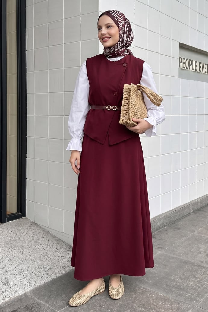 Asimetrik Yelekli ikili Takım Bordo