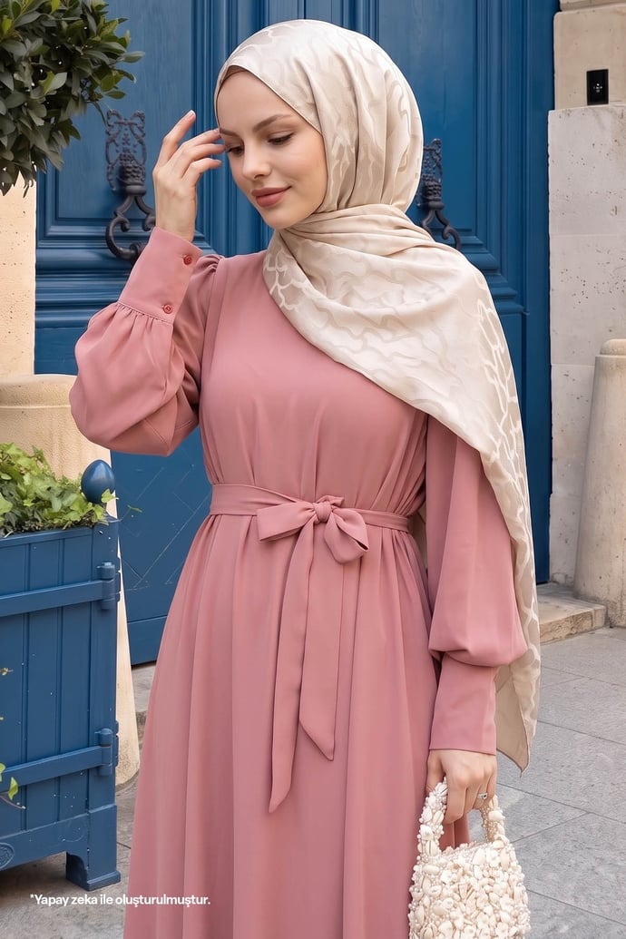 Balon Kol Düz Model Gül Kurusu Elbise