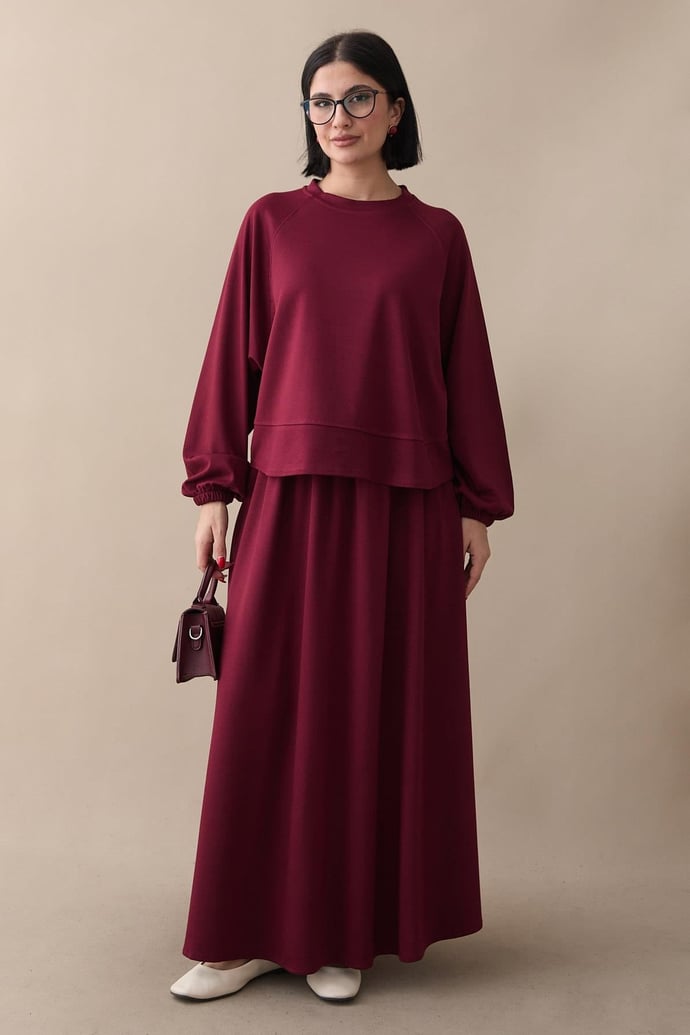 Basic Biyeli Etekli Takım Bordo