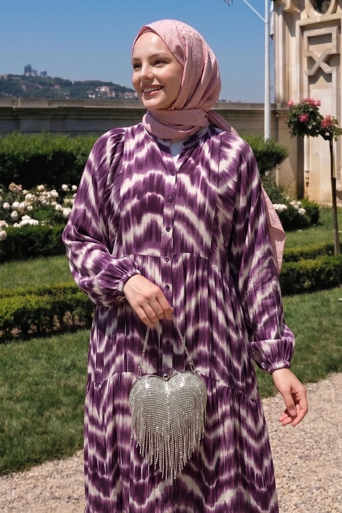 Batik Desenli Viskon Mor Elbise