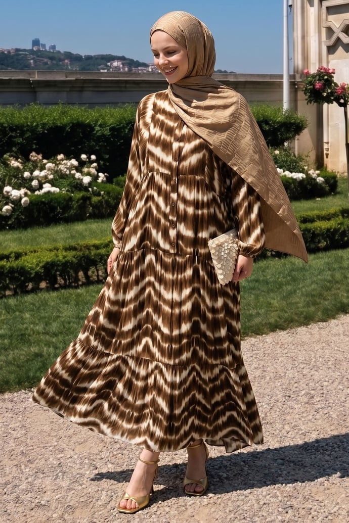 Batik Desenli Viskon Taba Elbise
