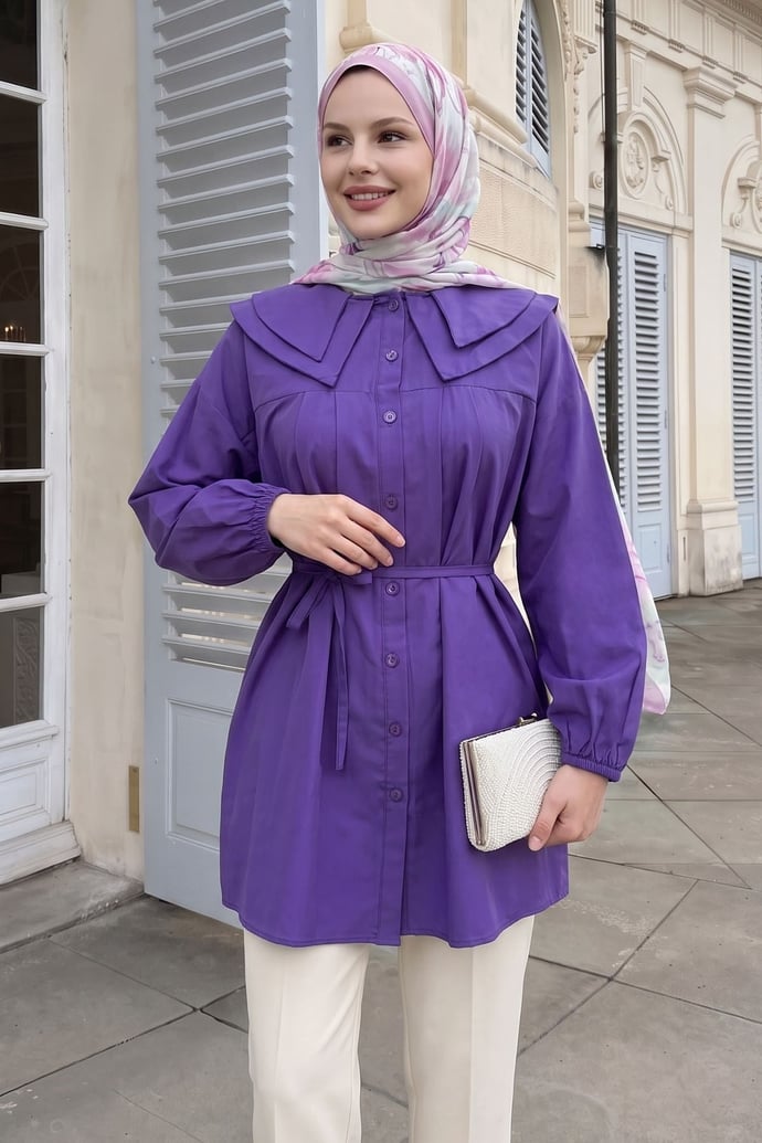 Bebe Yaka Düğmeli Mor Tunik