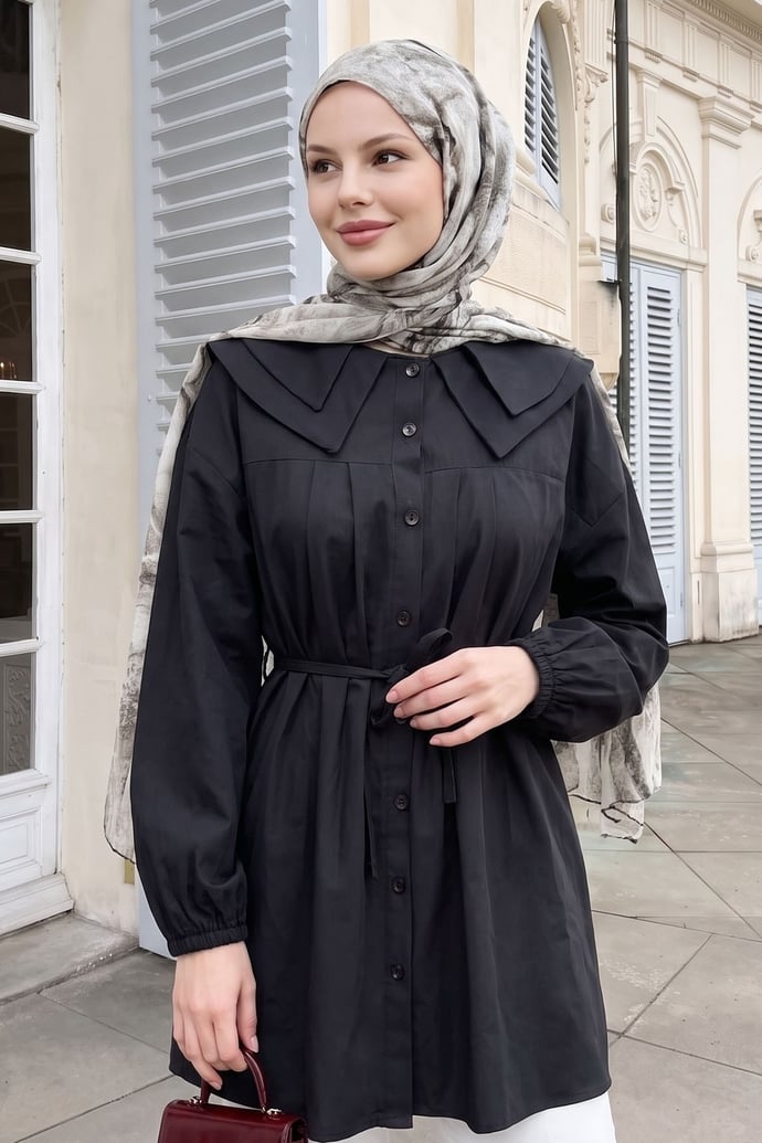 Bebe Yaka Düğmeli Siyah Tunik