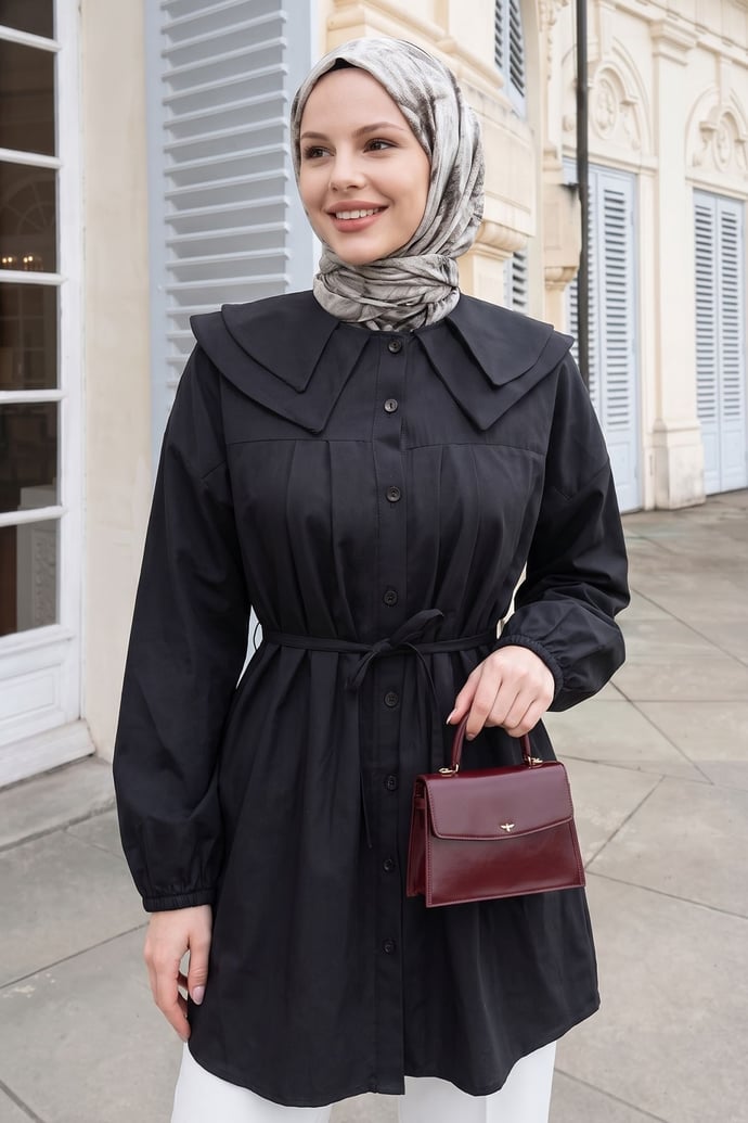 Bebe Yaka Düğmeli Siyah Tunik