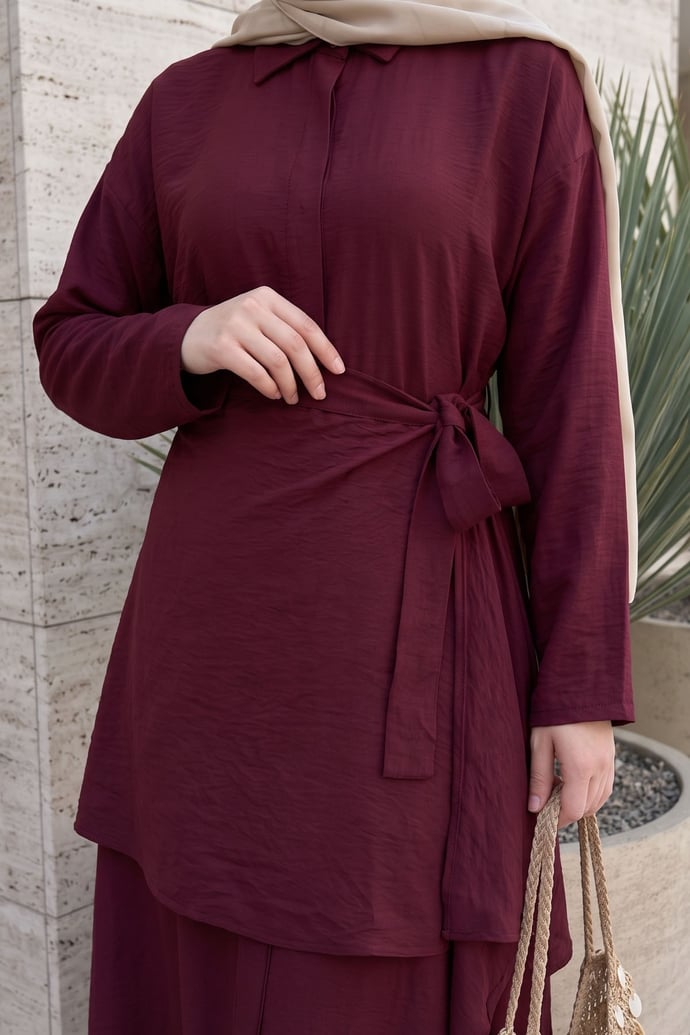 Belden Bağlamalı Bordo Ayrobin Elbise