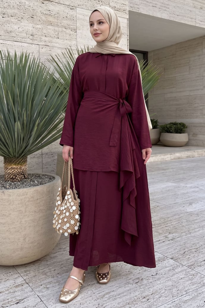 Belden Bağlamalı Bordo Ayrobin Elbise