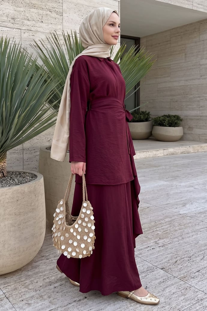 Belden Bağlamalı Bordo Ayrobin Elbise