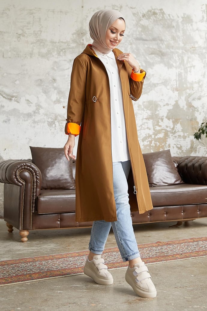 Beli Büzgülü Kapüşonlu Neon Trenç - Taba \ Turuncu
