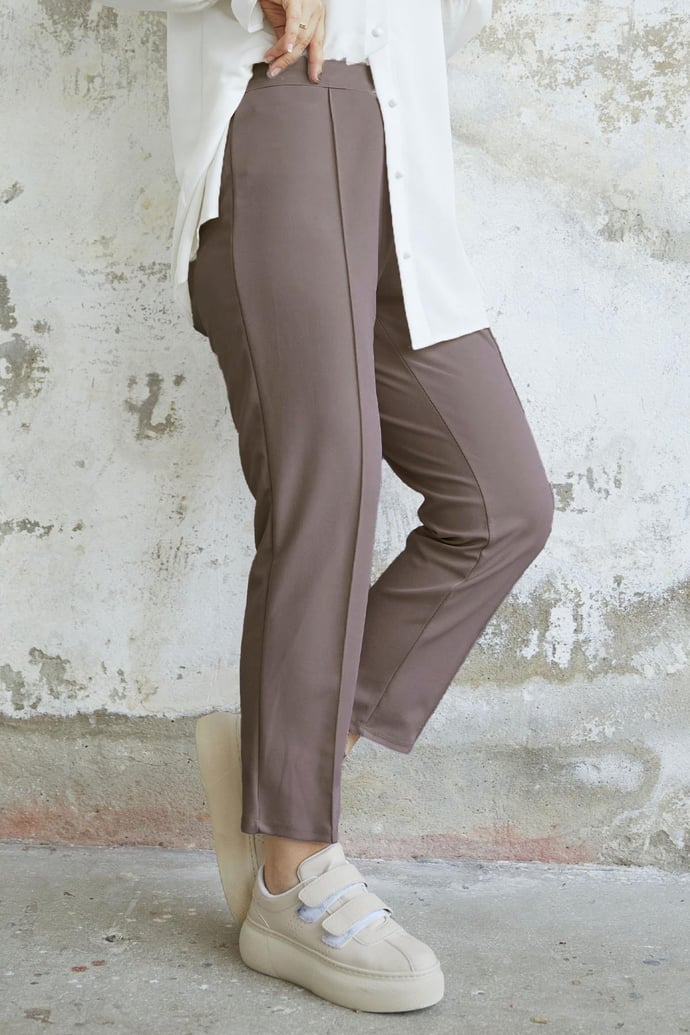 Beli Fermuarlı Çimalı Pantolon - Sütlü Kahve