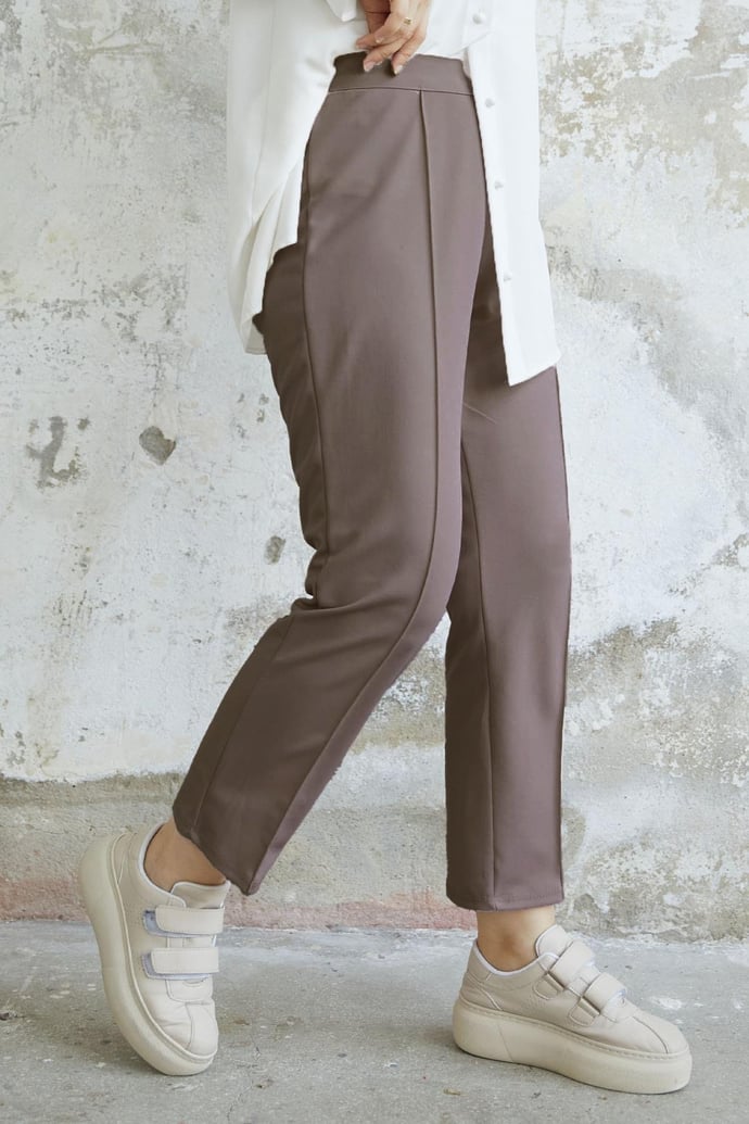 Beli Fermuarlı Çimalı Pantolon - Sütlü Kahve