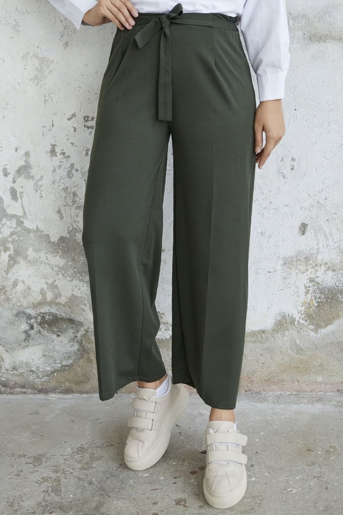 Beli Kuşaklı Bol Scuba Pantolon - Koyu Haki