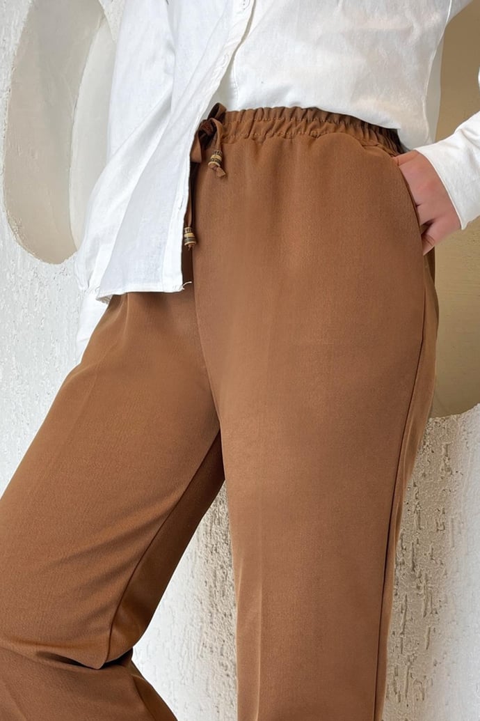 Beli Lastikli Likralı Duble Kumaş Pantolon - Taba