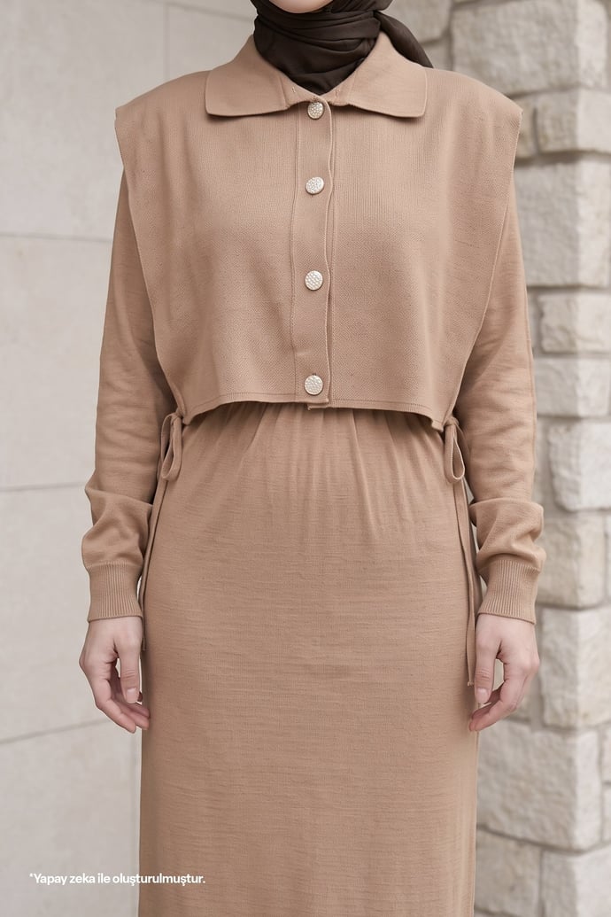 Bolerolu Elbiseli Camel Takım