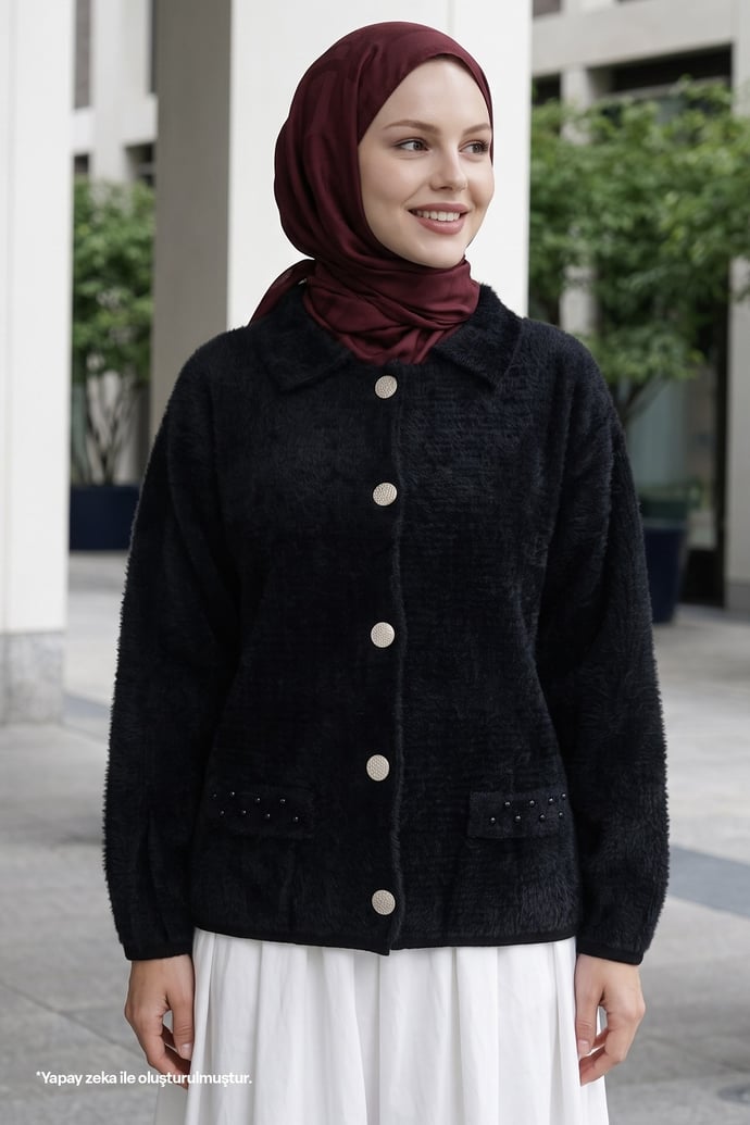 Beaded Pocket Detailed Black Cardigan