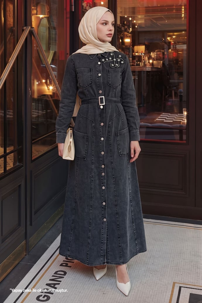 Beaded Belt Black Denim Dress