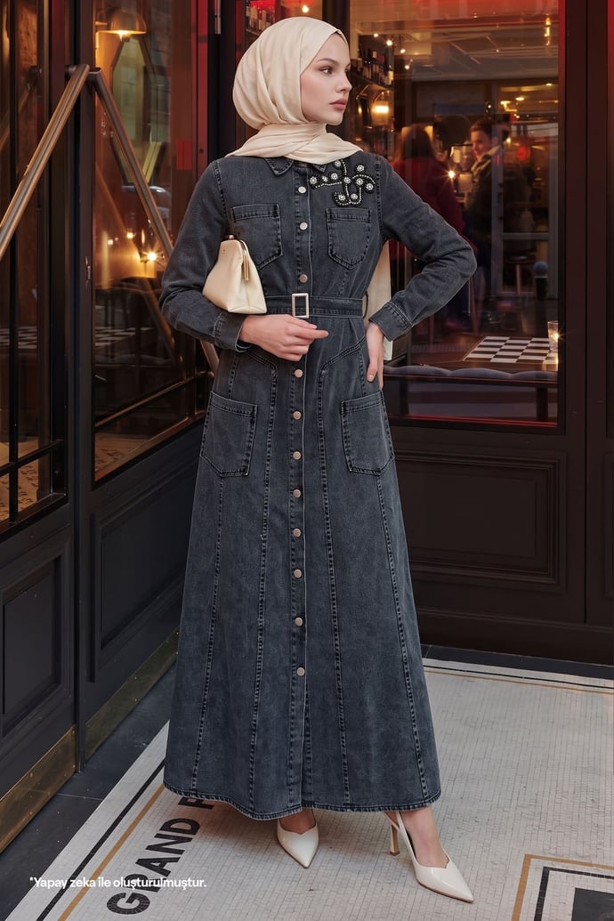 Beaded Belt Black Denim Dress