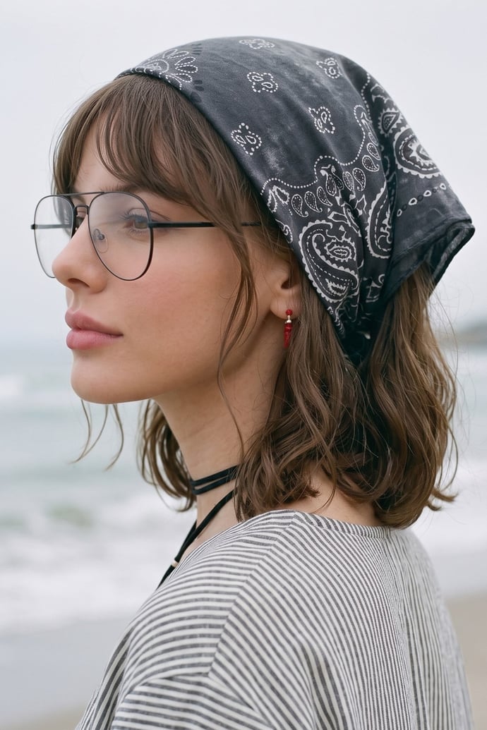 Buğulu Desenli Koyu Gri Bandana Fular 50x50