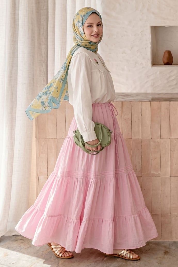 Büzgü Bağcıklı Pembe Etek