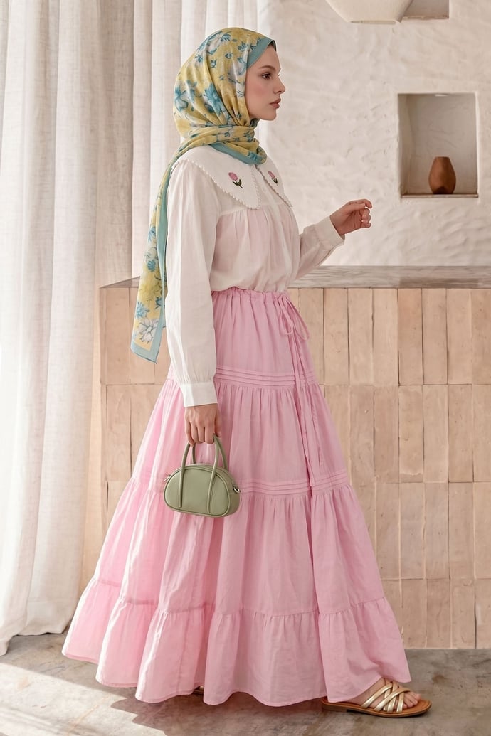 Büzgü Bağcıklı Pembe Etek