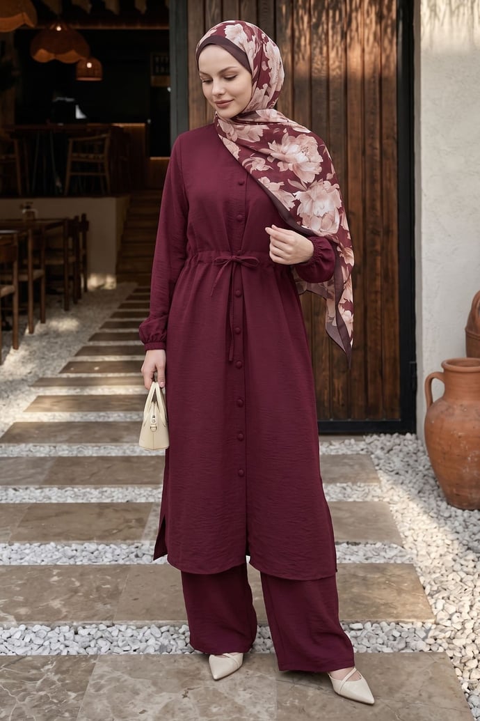 Büzgülü Düğmeli Bordo Tunik Takım