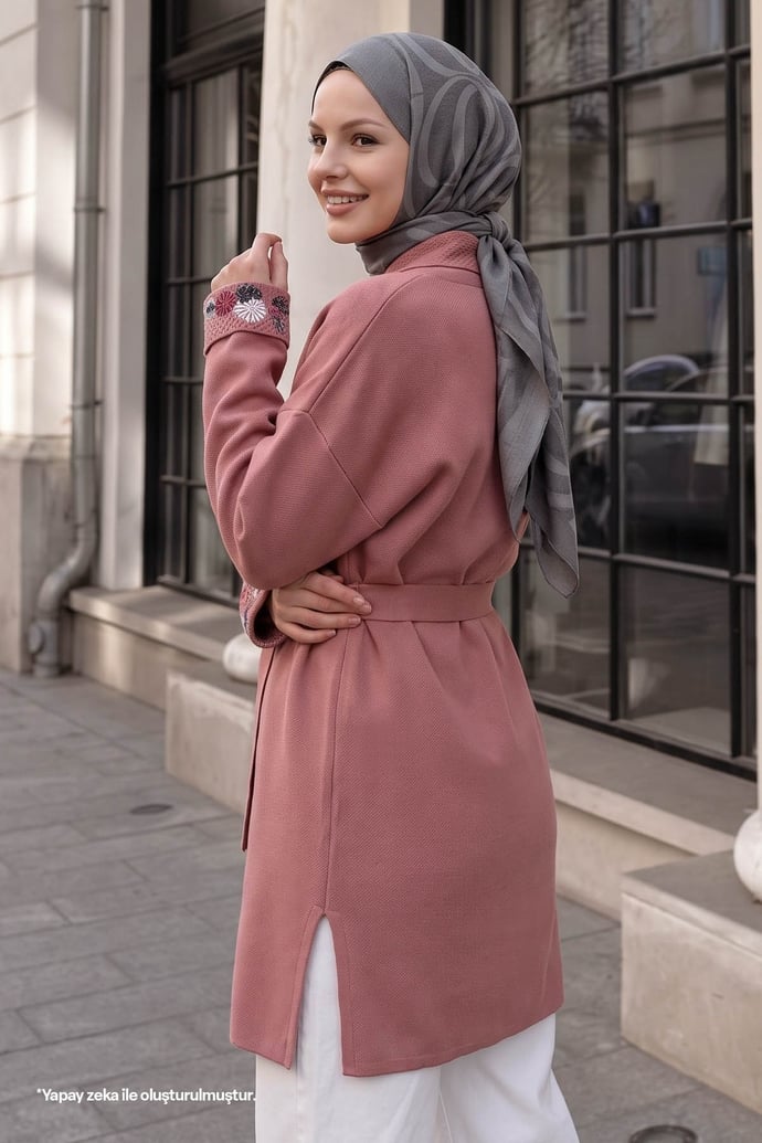 Cepleri Ve Kolları Nakış İşlemeli Gül Kurusu Triko Ceket