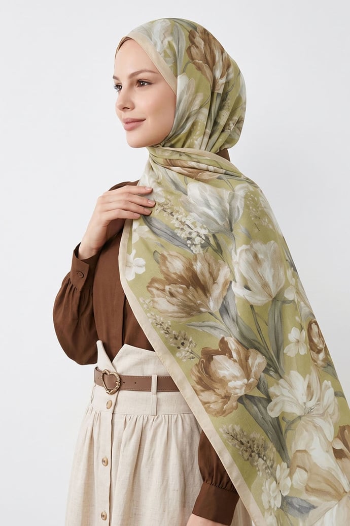 Çiçek Desen Dijital Bambu Kraş Şal - Açık Sarı