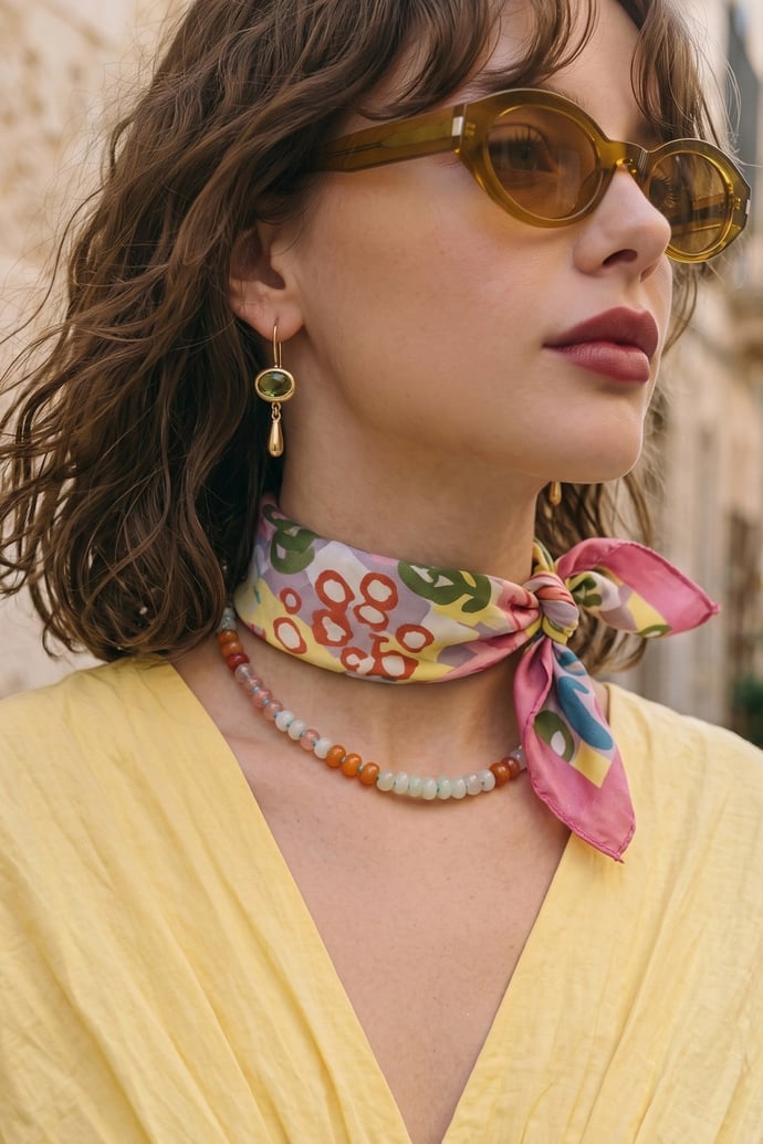 Çiçek Desenli Sarı-Pembe Bandana Fular 50x50