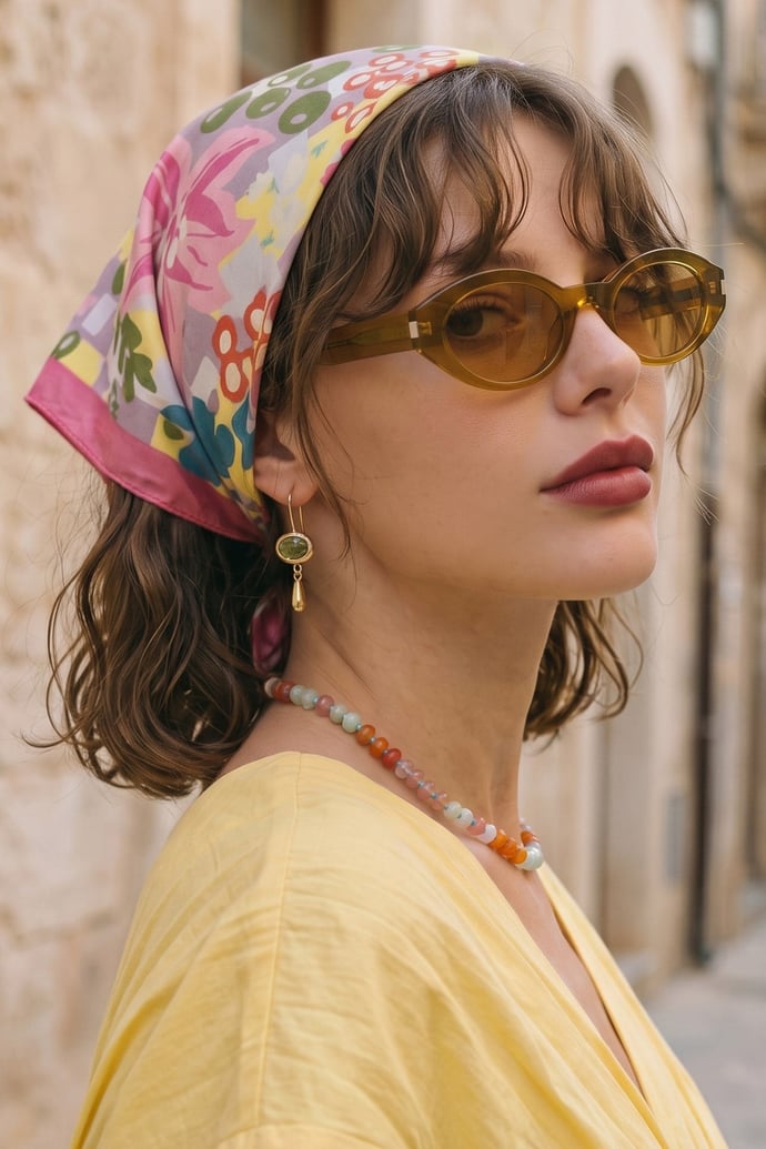 Çiçek Desenli Sarı-Pembe Bandana Fular 50x50